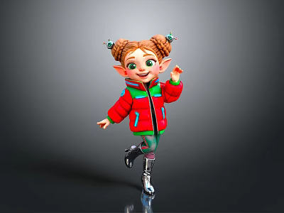 Cartoon Girl With Braided Pigtails Green Eyes Red Jacket Ice Skates Dancing On Gray Background 3d model