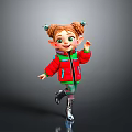 Cartoon Girl With Braided Pigtails Green Eyes Red Jacket Ice Skates Dancing On Gray Background