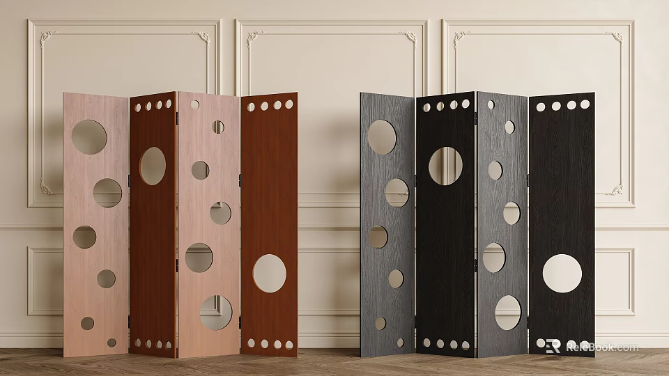 Modern Decorative Room Dividers With Circular Cutouts in Brown Gray Black Tones 3d model 