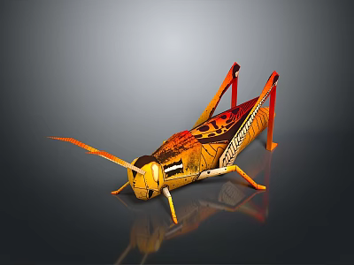 Grasshopper 3D Model With Yellow Red Color And Artistic Patterns On Dark Reflective Surface 3d model
