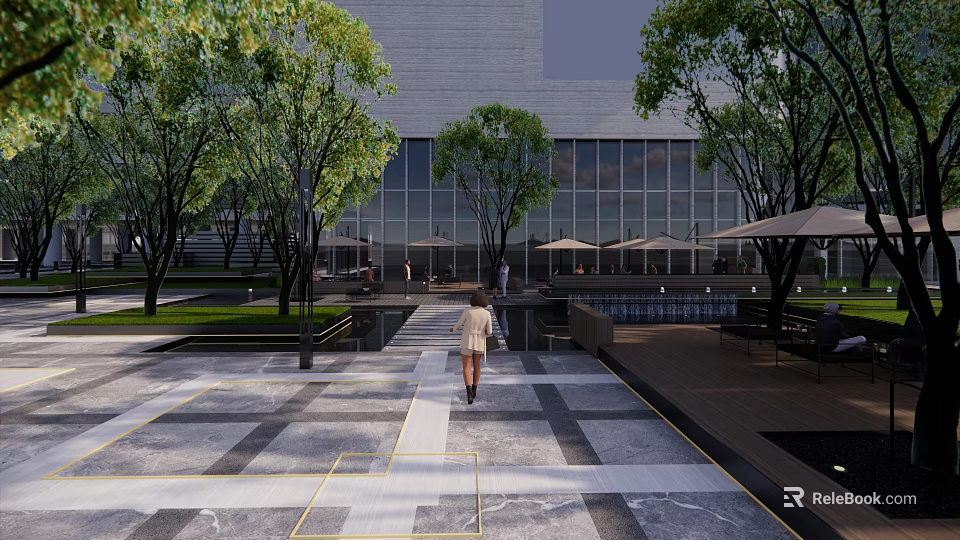Modern Plaza Landscape with Glass Building Trees Geometric Pavement Umbrella Seating and Pedestrians 3d model 