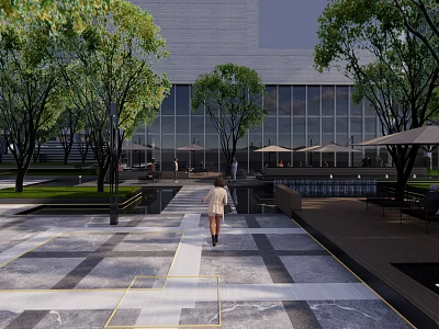 Modern Plaza Landscape with Glass Building Trees Geometric Pavement Umbrella Seating and Pedestrians 3d model
