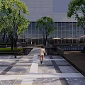 Modern Plaza Landscape with Glass Building Trees Geometric Pavement Umbrella Seating and Pedestrians