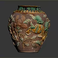 Intricate Colorful Sculpted Vase With Fish Flowers And Leaves Relief Design