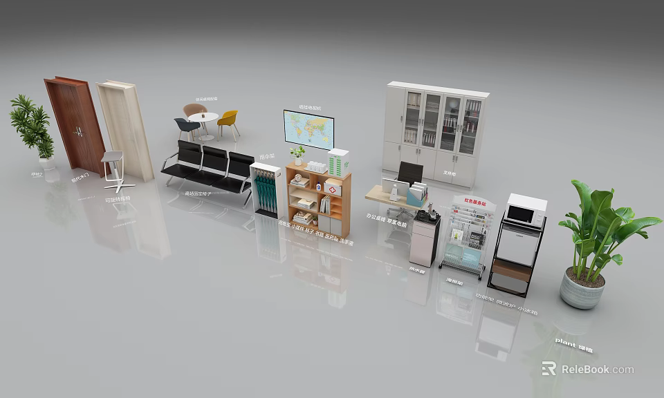 Stylish Decorative Ornament Combination With Shelf Cabinet Sofa And Green Plant 3d model 