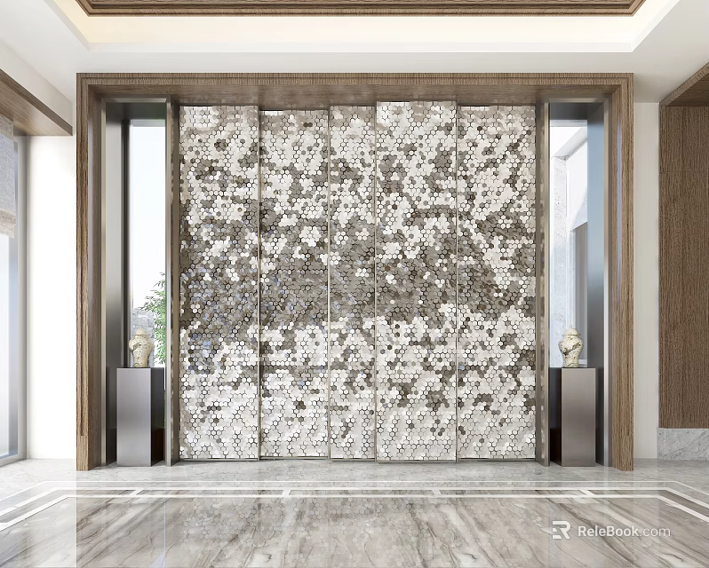 Elegant Modern Screen with Intricate Geometric Mosaic Pattern in Lobby Interior Design 3d model 