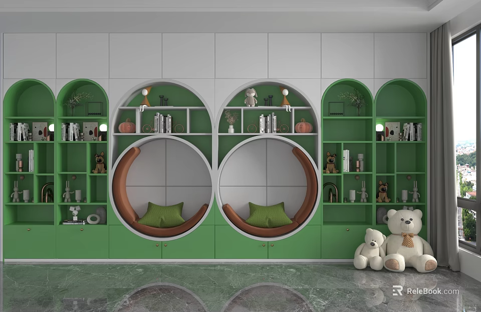 Green Shelving Units Curved Circular Design Central Seating Nooks Green Cushions Teddy Bears Kids Playroom 3d model 