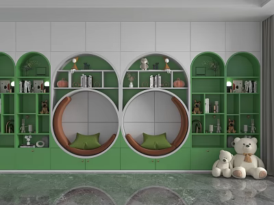 Green Shelving Units Curved Circular Design Central Seating Nooks Green Cushions Teddy Bears Kids Playroom 3d model