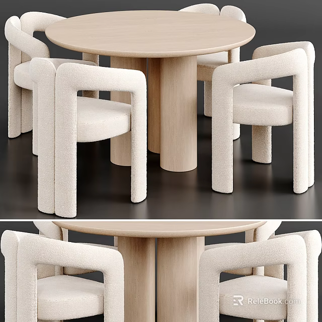 Modern Round Dining Table with Beige Armchairs Light Wood Base and Soft Upholstery 3d model 