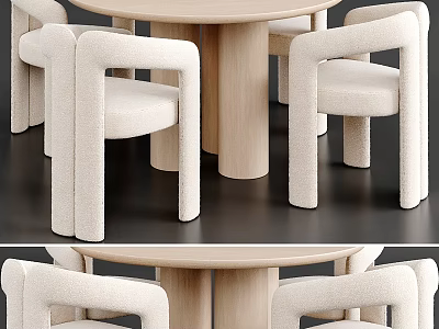 Modern Round Dining Table with Beige Armchairs Light Wood Base and Soft Upholstery 3d model