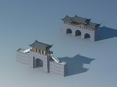 Ancient Architecture With Traditional Roof Design Gray Stone Walls Archways And Wooden Eaves 3d model