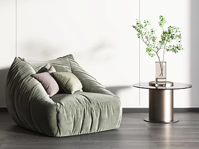 Green Velvet Bean Bag Chair in Minimalist Living Room with Side Table and Green Plant 3d model