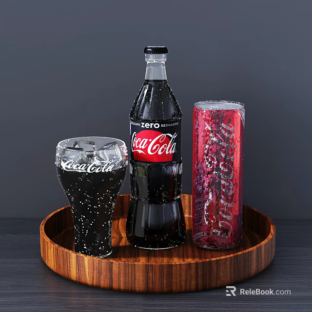Coca Cola Zero Bottle Can And Sparkling Drink Glass On Wooden Tray 3d model 