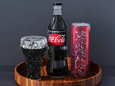 Coca Cola Zero Bottle Can And Sparkling Drink Glass On Wooden Tray 3d model