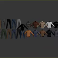 Diverse Clothing Collection with Jackets and Pants in Multiple Colors and Styles