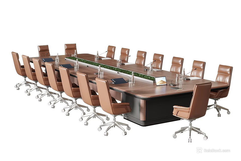 Modern Office Conference Table With Wooden Top Leather Swivel Chairs And Table Accessories 3d model 