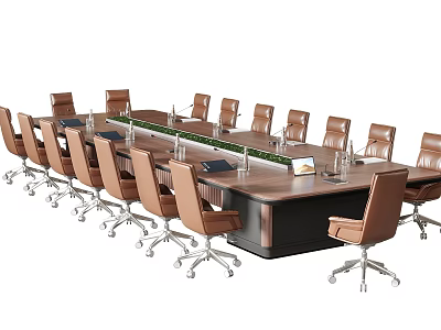 Modern Office Conference Table With Wooden Top Leather Swivel Chairs And Table Accessories 3d model