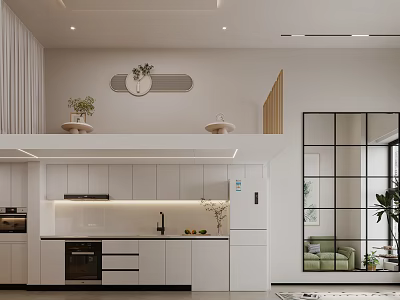 Modern Living and Dining Room Interior With Open Layout White Cabinets Sofa And Plants 3d model