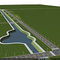 Concrete Road Bridge With Cars Driving On Multiple Lanes Along River And Green Trees