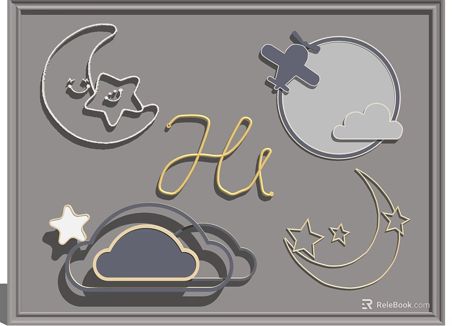 Cute Kids Room Wall Decor With Moon Stars Airplane Clouds And Hi Lettering 3d model 