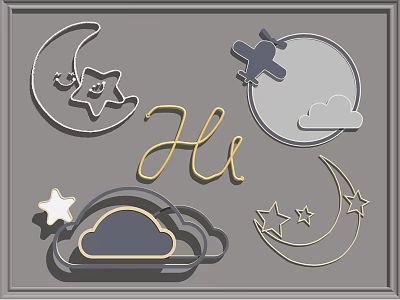 Cute Kids Room Wall Decor With Moon Stars Airplane Clouds And Hi Lettering 3d model