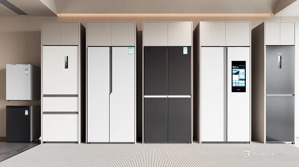 Modern Refrigerators With Different Designs Lined Up In Sleek Space Featuring White Black And White Combinations And Smart Screen 3d model 