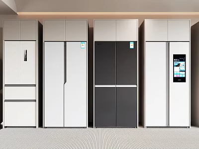 Modern Refrigerators With Different Designs Lined Up In Sleek Space Featuring White Black And White Combinations And Smart Screen 3d model