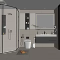 Modern Bathroom Interior With Glass Shower Vanity Toilet Mirror Tiles And Lighting