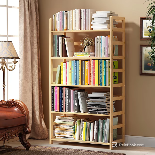 Wooden Bookshelf with Multiple Layers Filled With Colorful Books in Cozy Living Room 3d model 
