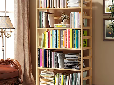 Wooden Bookshelf with Multiple Layers Filled With Colorful Books in Cozy Living Room 3d model