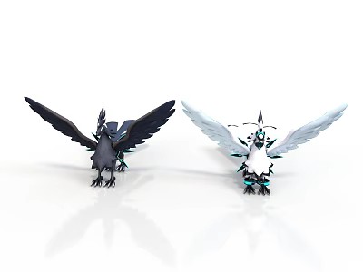 Mythical Black and White Birds with Large Wings Isolated on White Background 3d model