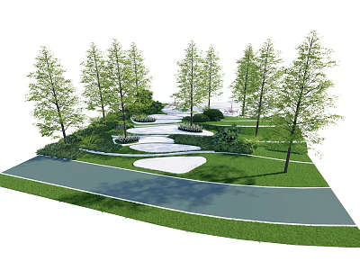 Stepping Stones Path in Natural Garden Landscape With Green Grass Trees and Water 3d model