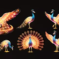 Colorful Peacock Art Installation With Vibrant Feathers And Various Poses