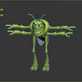 Yellow Insect Cartoon 3D Model Character With Multiple Arms Legs And Frowning Expression
