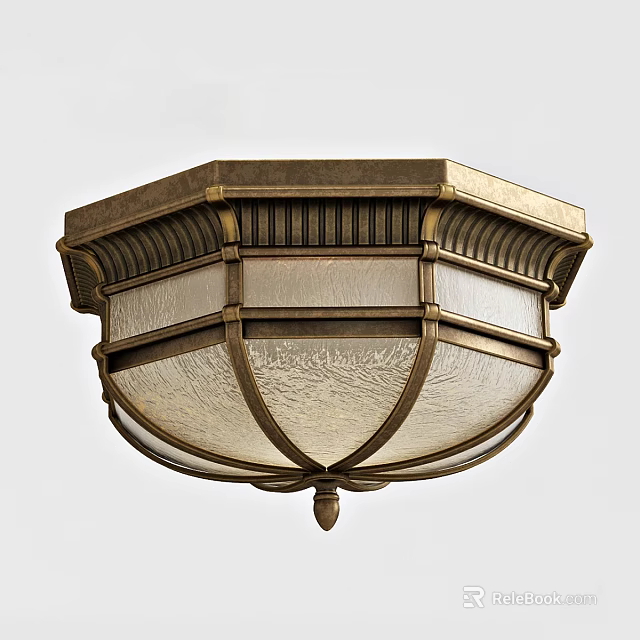 Vintage Brass Frame Ceiling Light With Textured Glass Shade And Decorative Design 3d model 