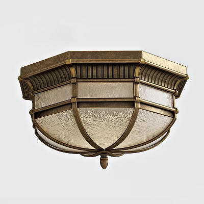 Vintage Brass Frame Ceiling Light With Textured Glass Shade And Decorative Design 3d model