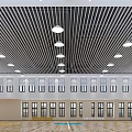 Spacious Basketball Court Interior Design With Wooden Floor Ceiling Lights And Large Windows