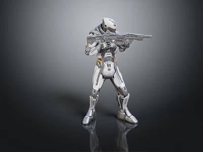 Smart Machine In Silver Standing Pose Holding Rifle With Reflective Surface And Dark Background 3d model