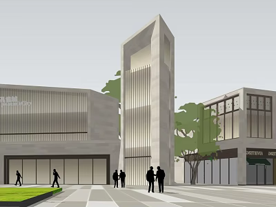 Modern Sales Office Building With Tower Structure Glass Curtain Walls Plaza And Trees 3d model