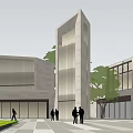 Modern Sales Office Building With Tower Structure Glass Curtain Walls Plaza And Trees