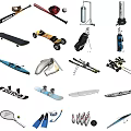 Different Types of Sports Equipment Including Skateboards Skis Bicycles and Tennis Rackets