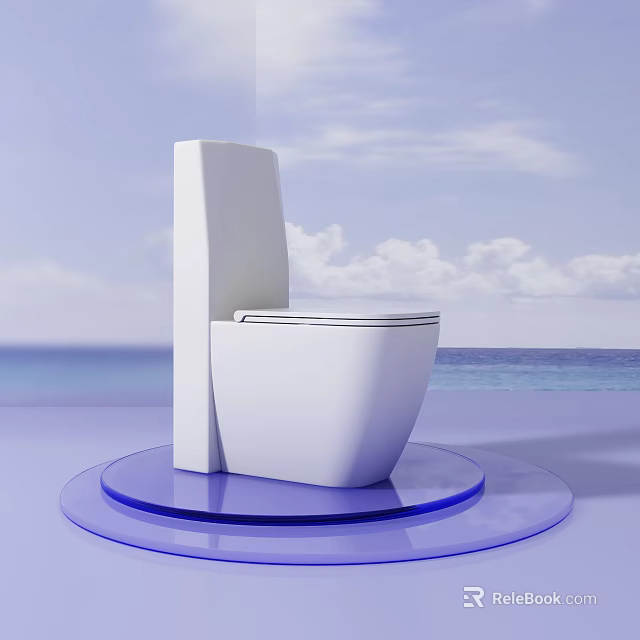 White Modern Bathtub On Blue Circular Platform With Sea Sky And Clouds Background 3d model