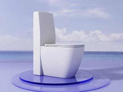 White Modern Bathtub On Blue Circular Platform With Sea Sky And Clouds Background 3d model