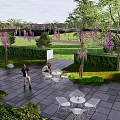 Wisteria Vines Covered Metal Pergola In Outdoor Garden With Tables And Chairs