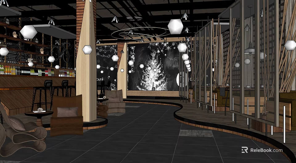 Modern Cafe Interior With White Globe Pendant Lights Wooden Bar Counter And Cozy Seating 3d model 