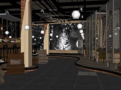 Modern Cafe Interior With White Globe Pendant Lights Wooden Bar Counter And Cozy Seating 3d model