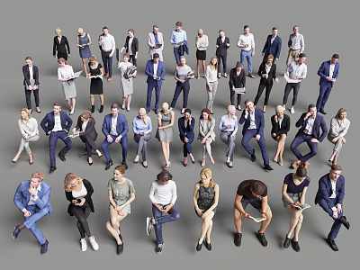 Group of Diverse People Standing and Sitting in Various Outfits Against Gray Background 3d model