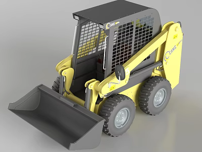 Yellow Skid Steer Loader With Protective Cage Large Tires And Front Bucket 3d model