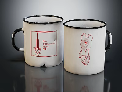 White Mugs With Black Rim Featuring 1980 Olympiad Design And Cartoon Bear Artwork 3d model