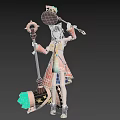 Standing Woman in Orange White Traditional Dress Holding Staff and Katana on Blue Background